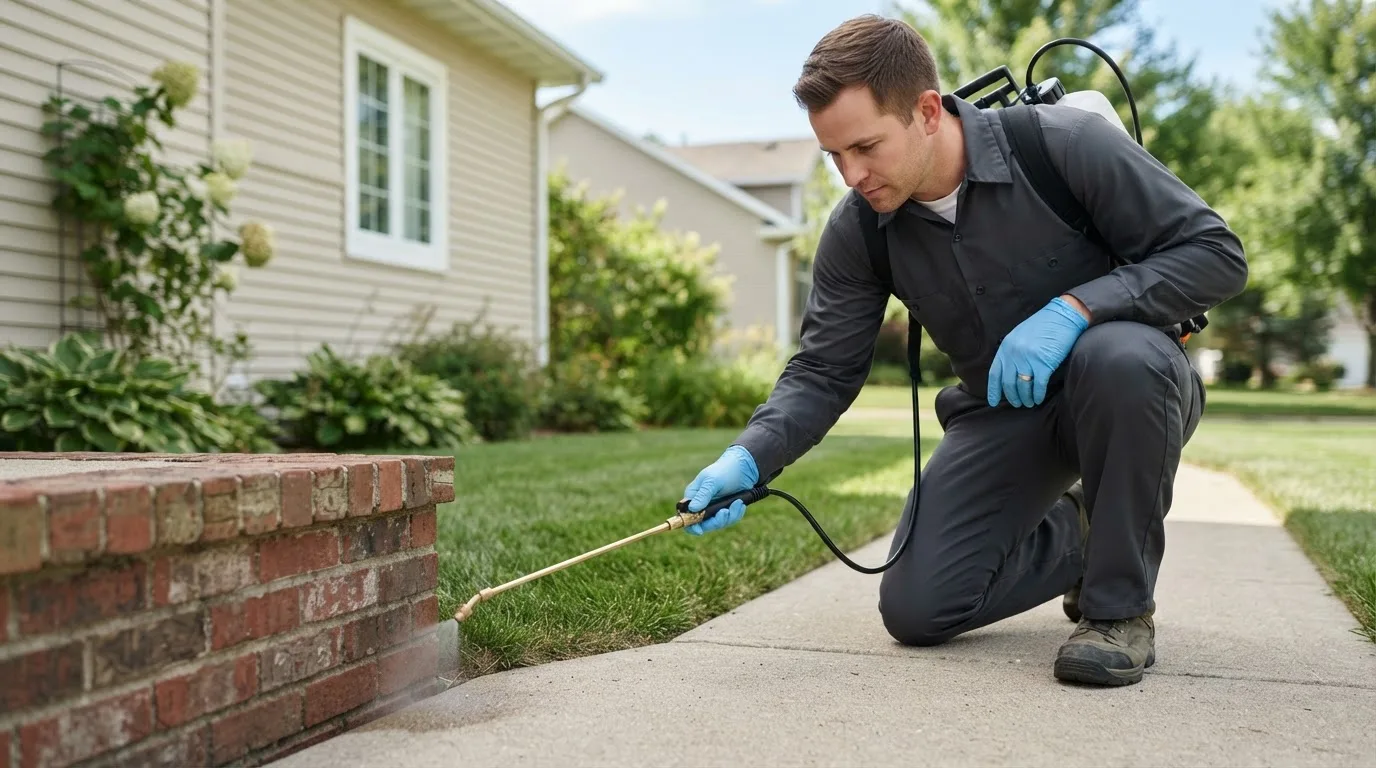 Pest control technician treating a home near Braham, MN